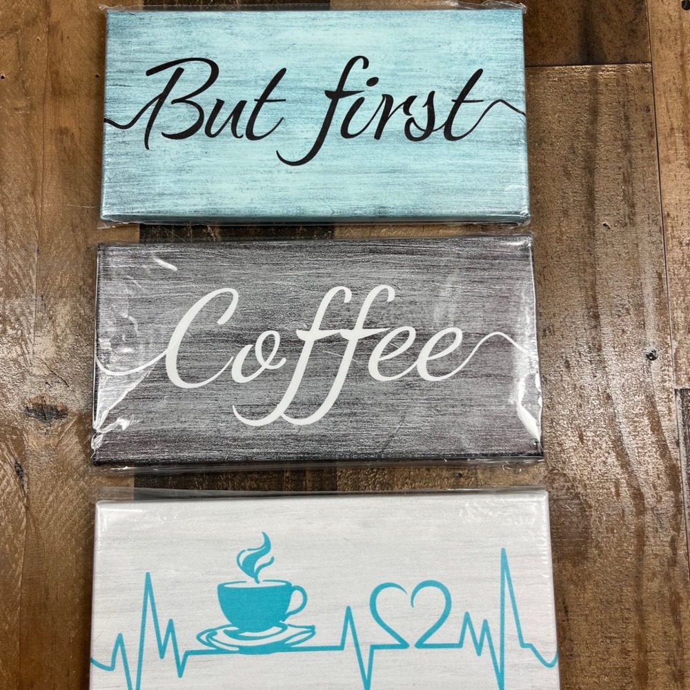 Set of 3 Coffee‎ Canvas Wall Art Signs But First Coffee Kitchen Decor Teal Grey